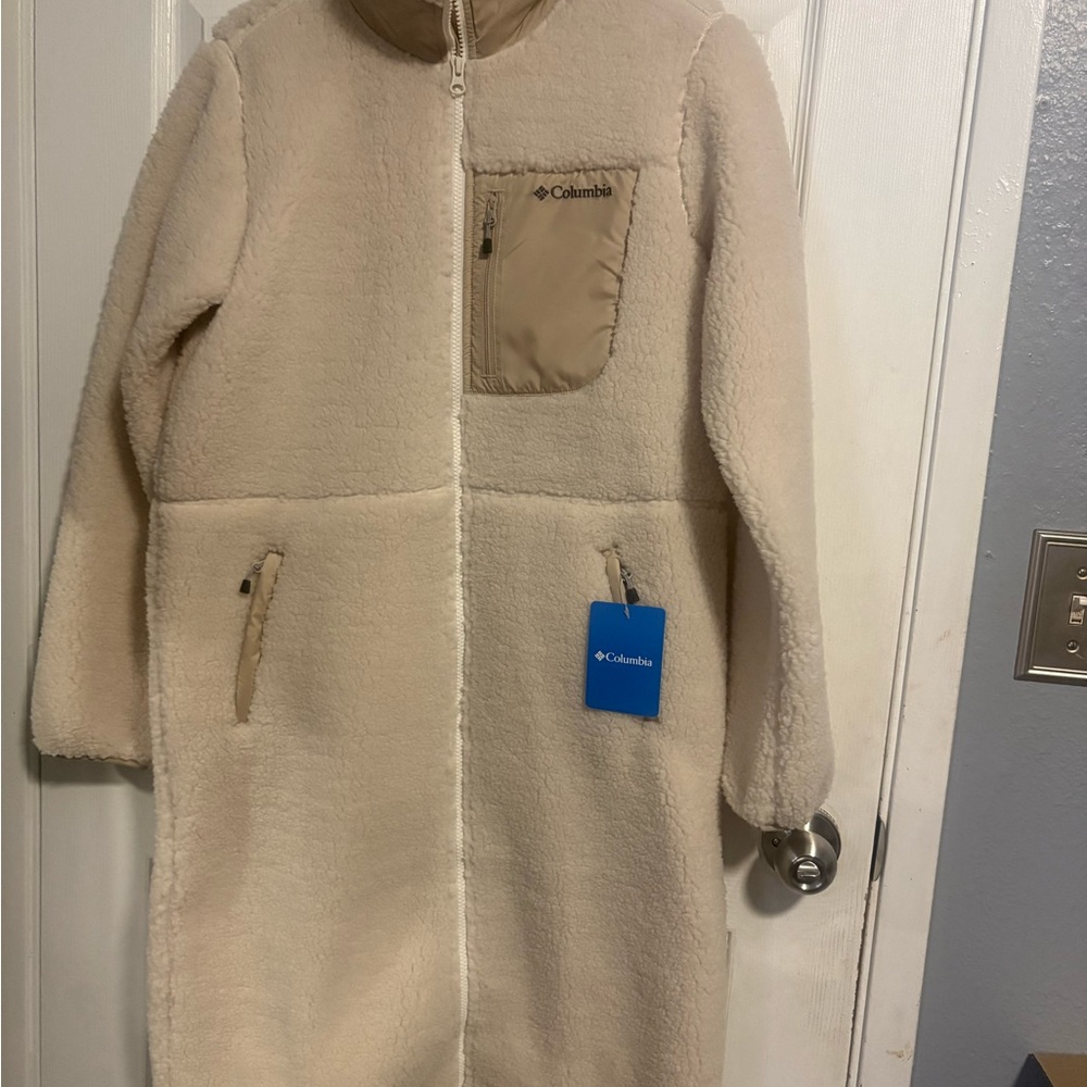 Columbia Cream Sherpa Long Teddy Jacket with Tan Chest Pocket